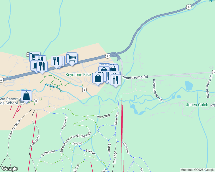 map of restaurants, bars, coffee shops, grocery stores, and more near 195 River Run Road in Keystone