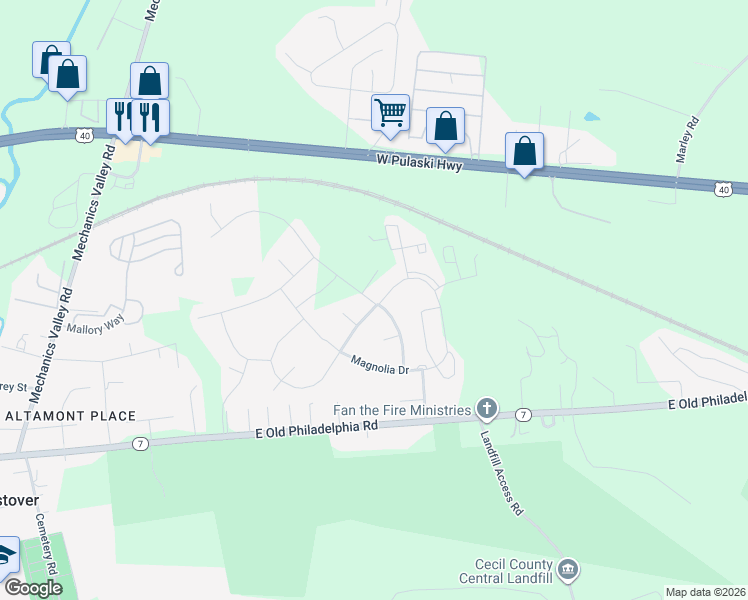 map of restaurants, bars, coffee shops, grocery stores, and more near 14 Yellowwood Drive in Elkton
