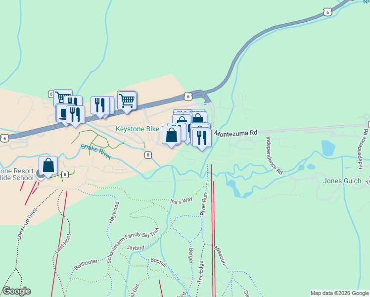 map of restaurants, bars, coffee shops, grocery stores, and more near 195 River Run Road in Keystone