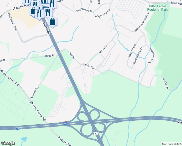 map of restaurants, bars, coffee shops, grocery stores, and more near 2031 Windsong Drive in Hagerstown