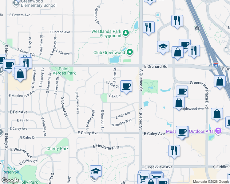 map of restaurants, bars, coffee shops, grocery stores, and more near 7082 East Lake Circle in Centennial