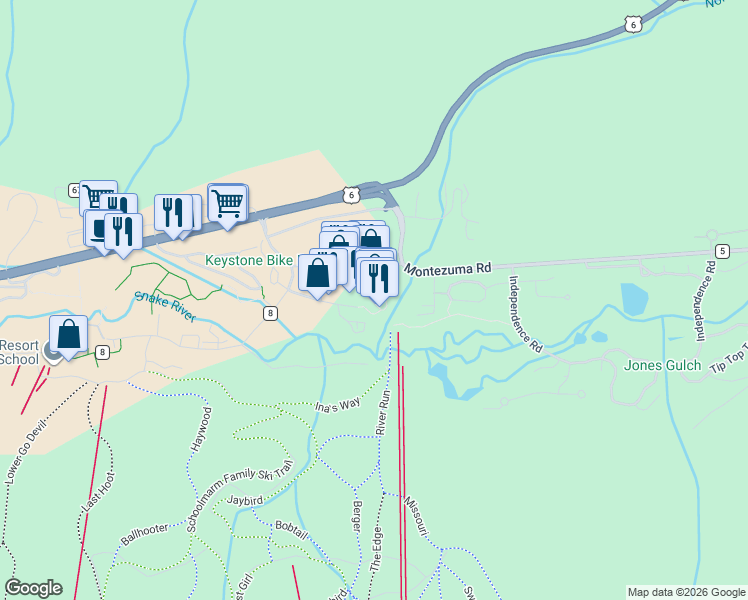 map of restaurants, bars, coffee shops, grocery stores, and more near 195 River Run Road in Keystone