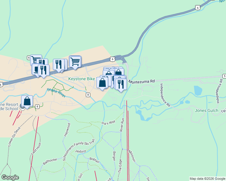 map of restaurants, bars, coffee shops, grocery stores, and more near 91 River Run Road in Dillon