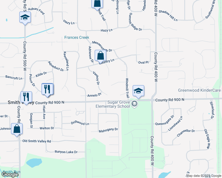 map of restaurants, bars, coffee shops, grocery stores, and more near 4186 Willow Wind Drive in Greenwood