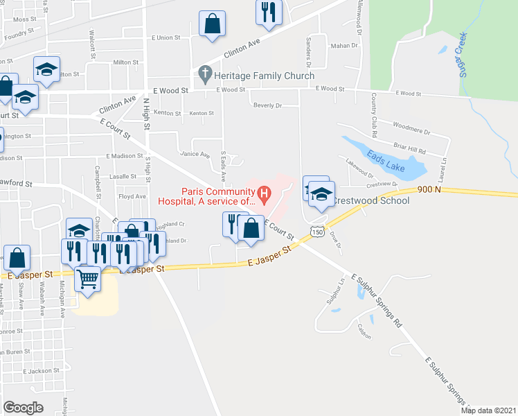 map of restaurants, bars, coffee shops, grocery stores, and more near 727 East Court Street in Paris