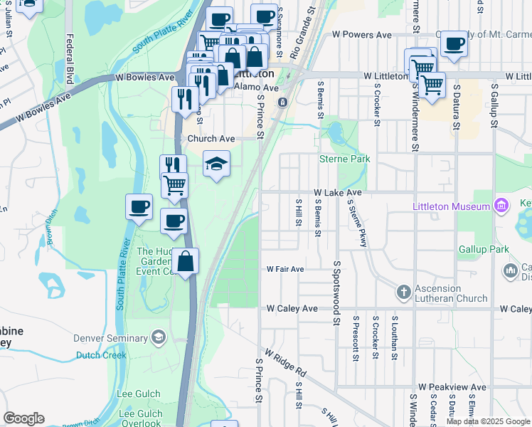 map of restaurants, bars, coffee shops, grocery stores, and more near 6001 South Prince Street in Littleton