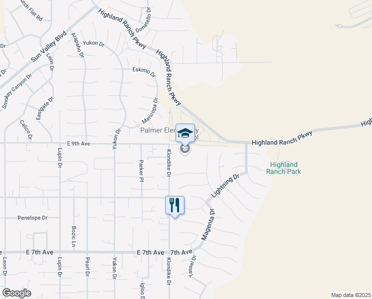 map of restaurants, bars, coffee shops, grocery stores, and more near 5890 Klondike Drive in Sun Valley