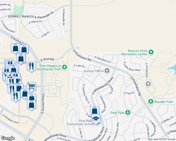 map of restaurants, bars, coffee shops, grocery stores, and more near 25158 East Lake Place in Aurora