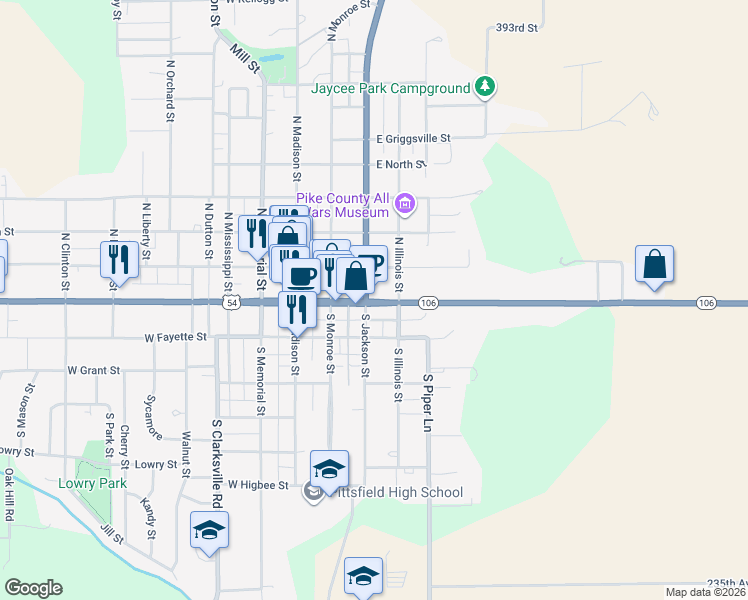 map of restaurants, bars, coffee shops, grocery stores, and more near 301 East Adams Street in Pittsfield
