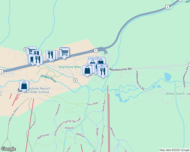 map of restaurants, bars, coffee shops, grocery stores, and more near 91 River Run Road in Dillon