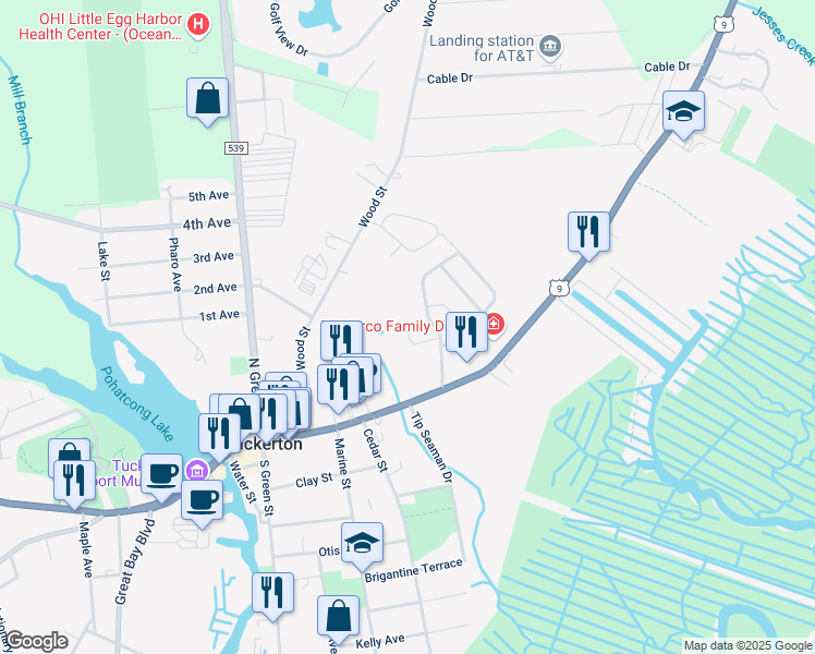 map of restaurants, bars, coffee shops, grocery stores, and more near 18 Wright Way in Tuckerton