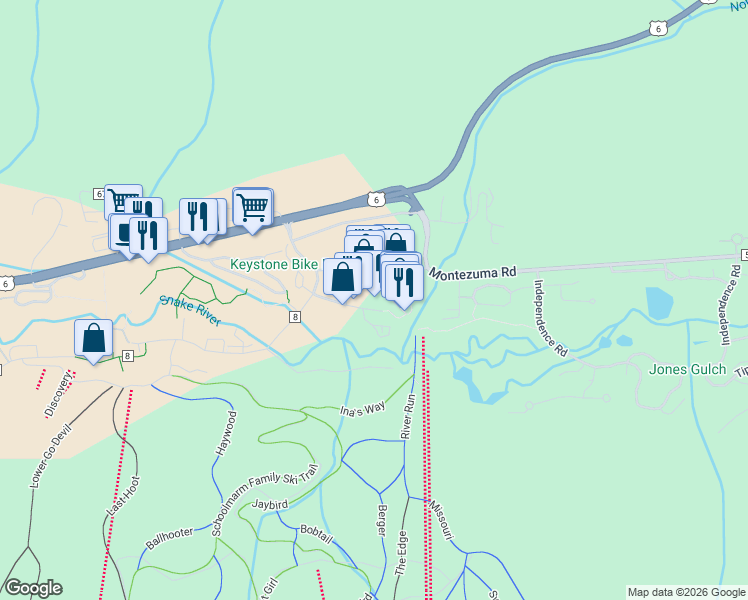 map of restaurants, bars, coffee shops, grocery stores, and more near 91 River Run Road in Dillon