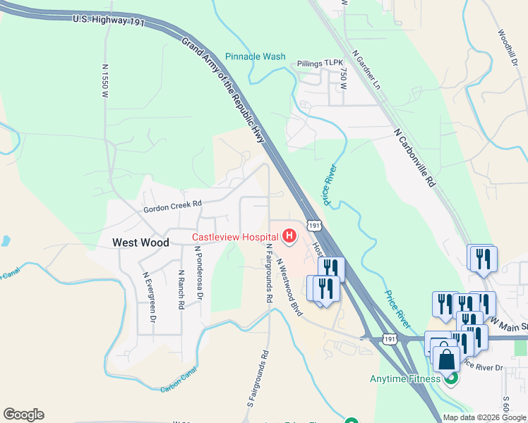 map of restaurants, bars, coffee shops, grocery stores, and more near 1025 West 470 North in Price