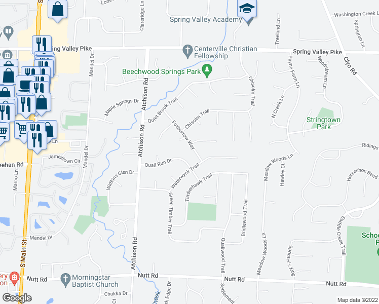 map of restaurants, bars, coffee shops, grocery stores, and more near 9401 Foxburrow Way in Dayton