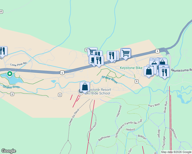 map of restaurants, bars, coffee shops, grocery stores, and more near 22954 U.S. 6 in Keystone