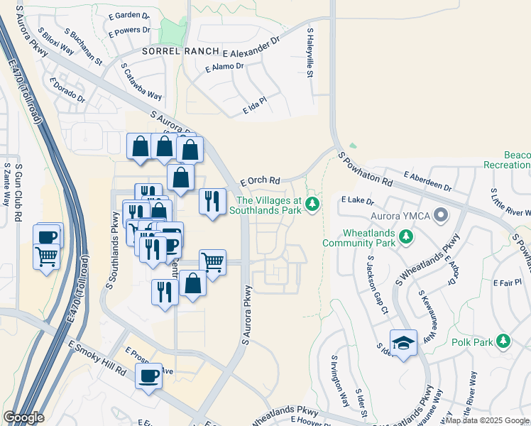 map of restaurants, bars, coffee shops, grocery stores, and more near 24631 East Applewood Drive in Aurora
