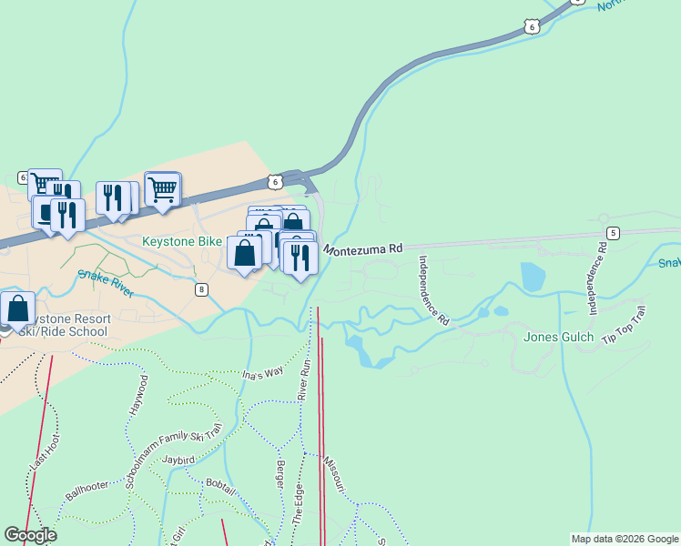 map of restaurants, bars, coffee shops, grocery stores, and more near 53 Hunkidori Court in Keystone