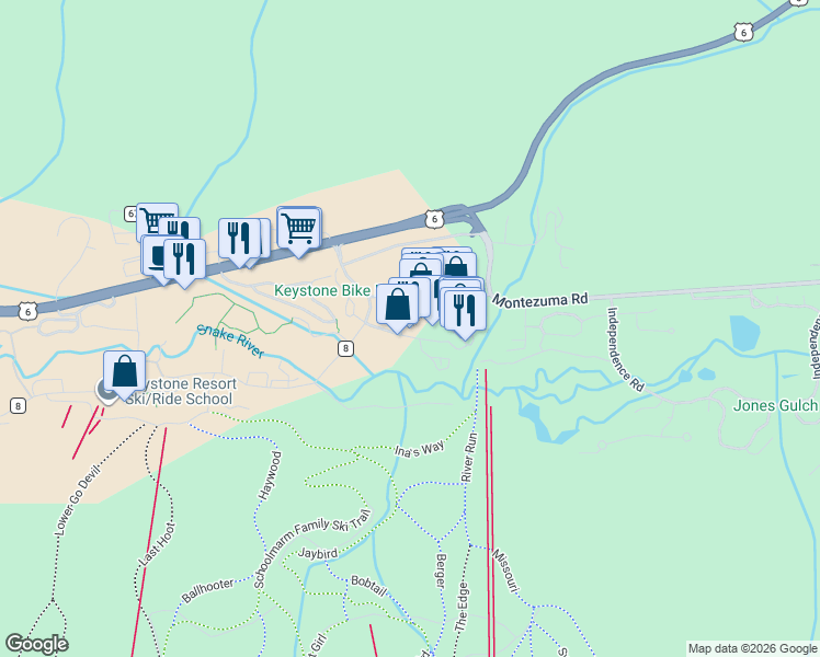 map of restaurants, bars, coffee shops, grocery stores, and more near 135 Dercum Drive in Keystone