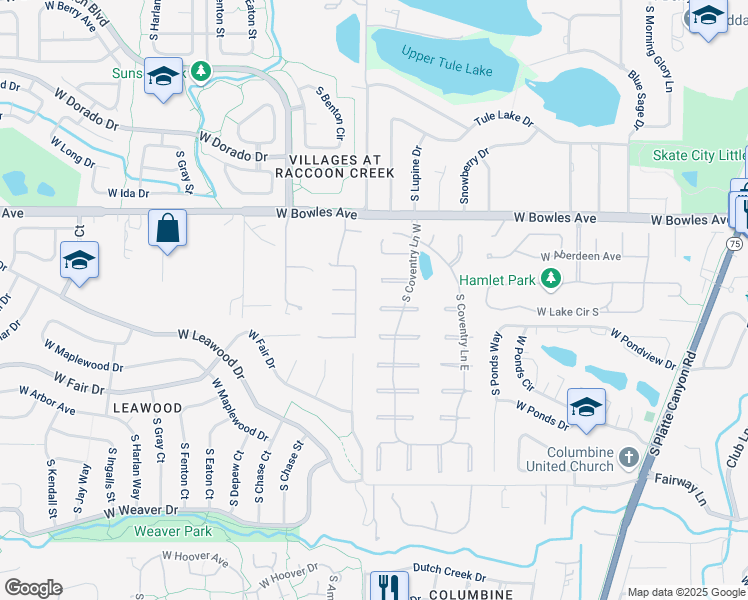 map of restaurants, bars, coffee shops, grocery stores, and more near 5962 South Sheridan Way in Littleton