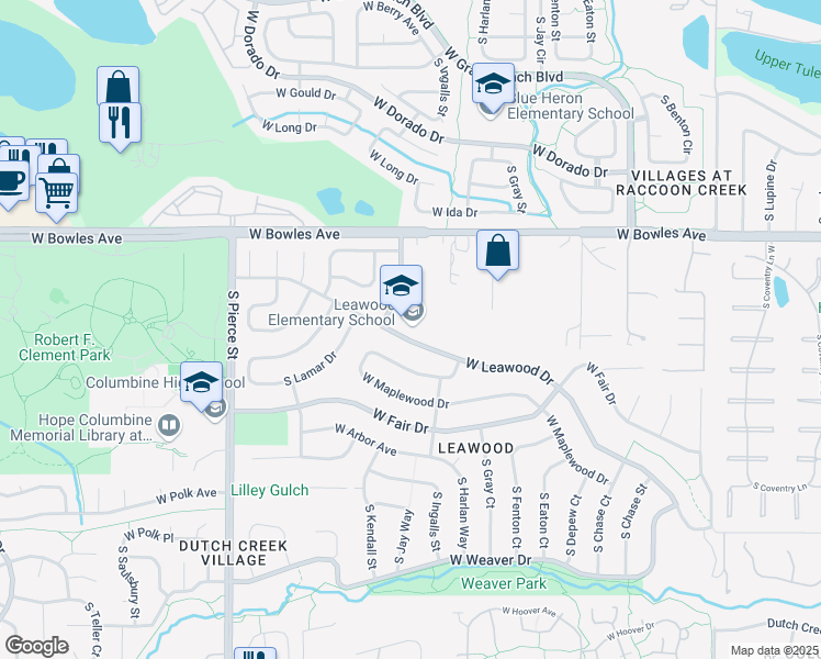 map of restaurants, bars, coffee shops, grocery stores, and more near 6155 West Leawood Drive in Littleton