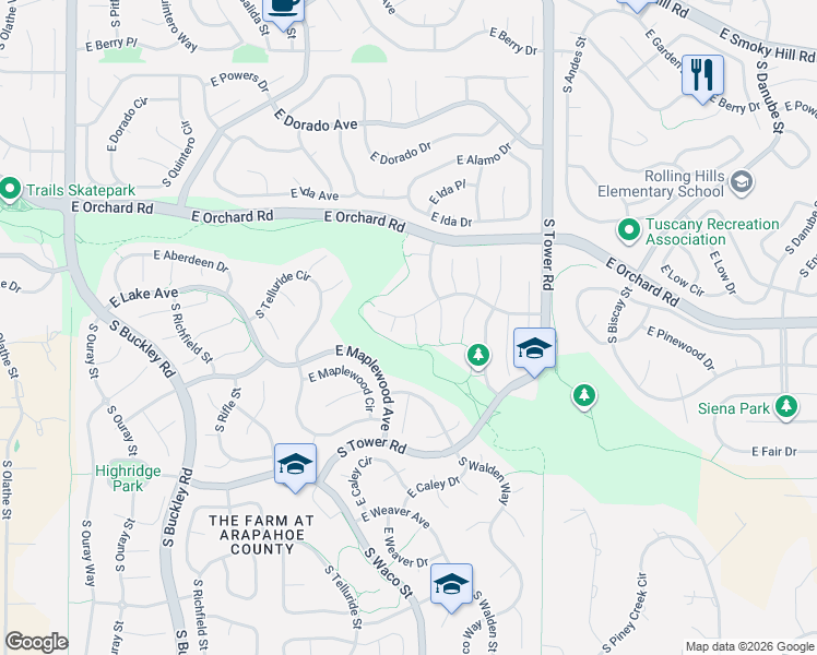 map of restaurants, bars, coffee shops, grocery stores, and more near 18051 East Lake Avenue in Aurora