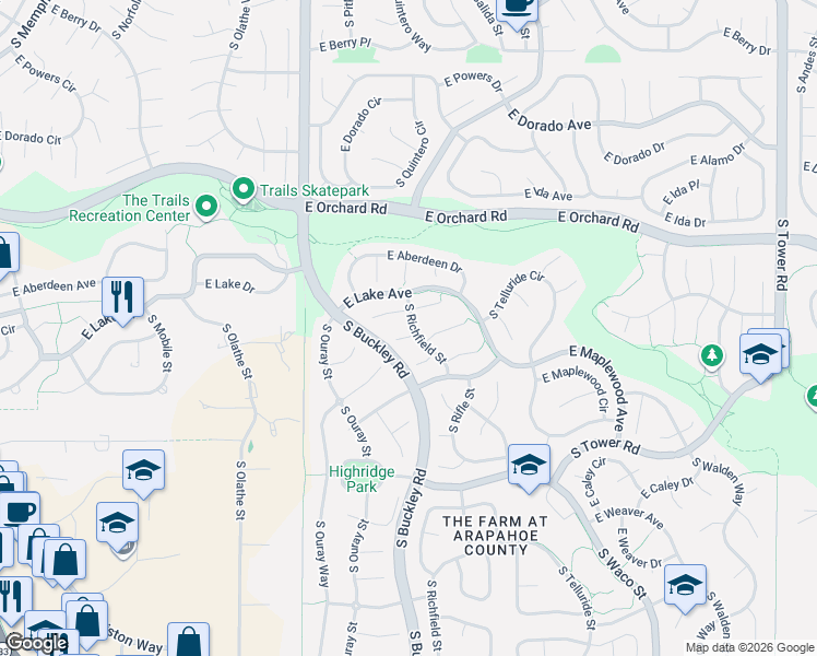 map of restaurants, bars, coffee shops, grocery stores, and more near 17330 East Lake Drive in Aurora