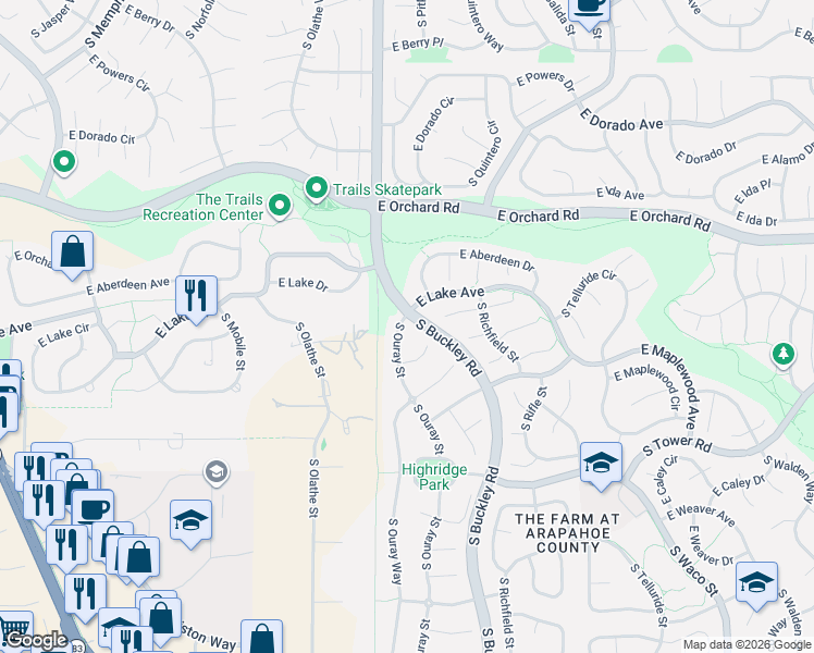 map of restaurants, bars, coffee shops, grocery stores, and more near 17001 East Aberdeen Drive in Aurora