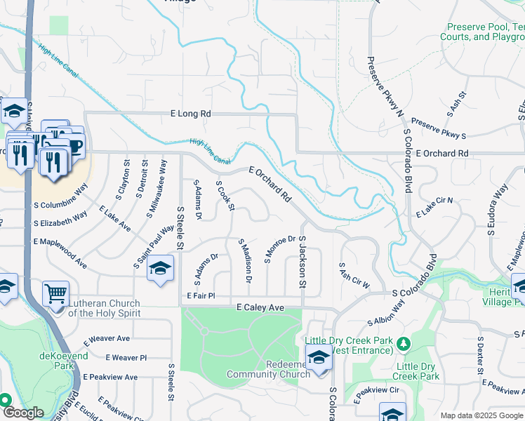map of restaurants, bars, coffee shops, grocery stores, and more near 3614 East Lake Drive in Centennial