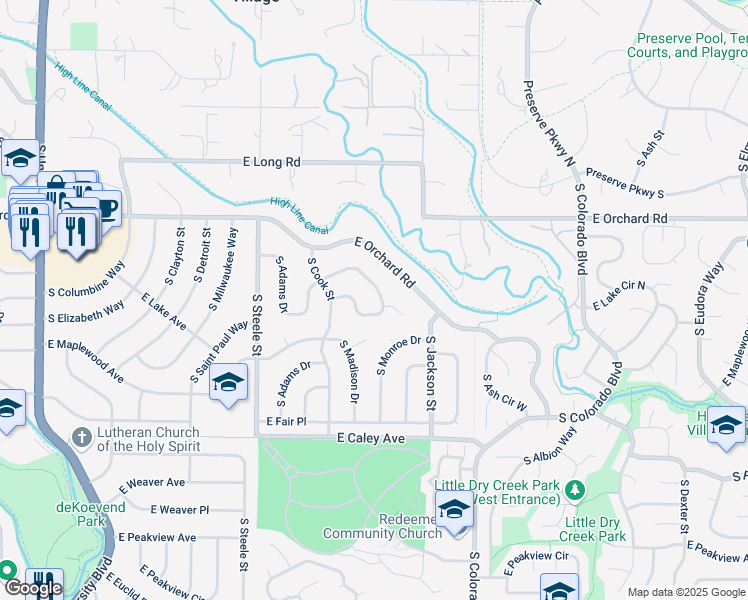 map of restaurants, bars, coffee shops, grocery stores, and more near 3614 East Lake Drive in Centennial