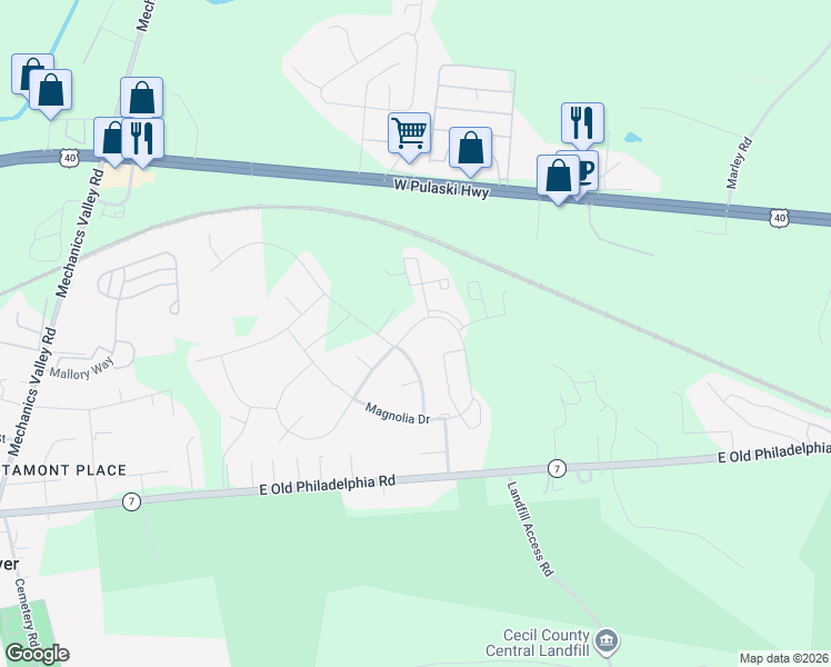 map of restaurants, bars, coffee shops, grocery stores, and more near 5 Magnolia Drive in Elkton