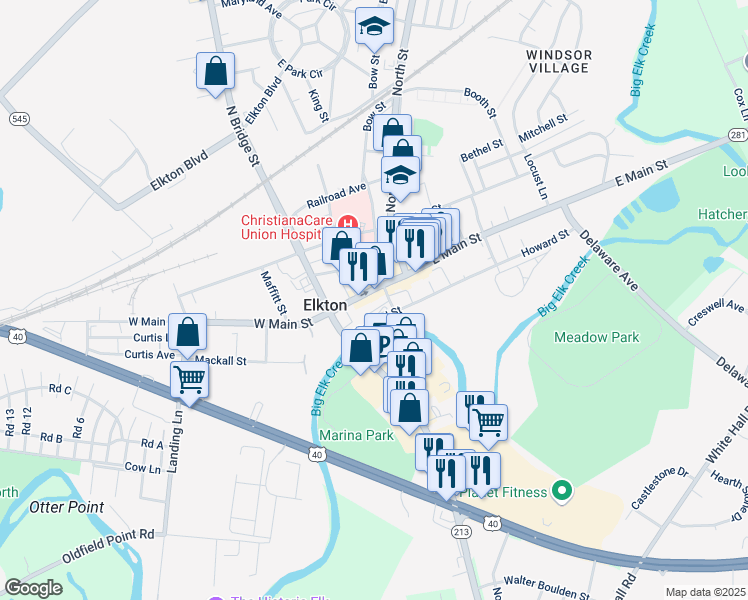 map of restaurants, bars, coffee shops, grocery stores, and more near 127 West Main Street in Elkton