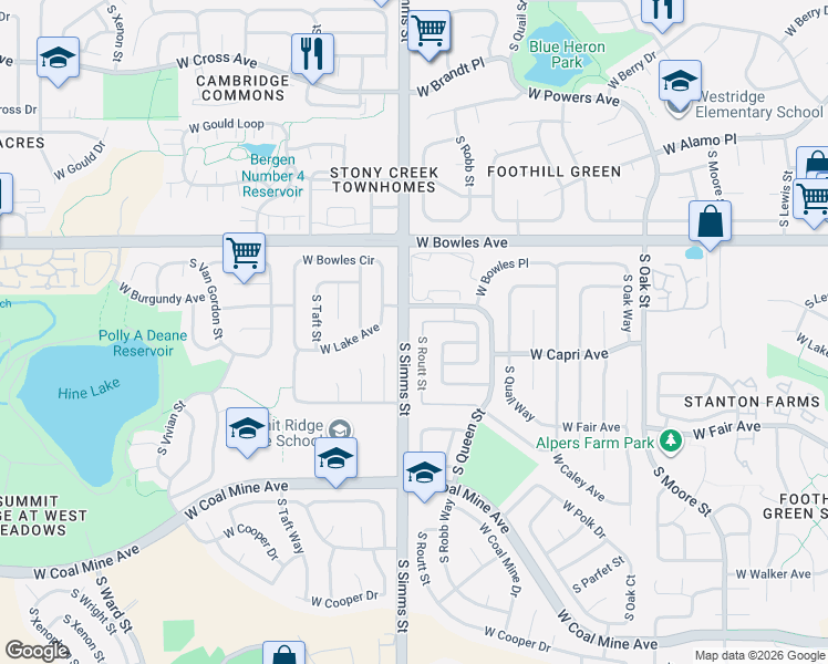 map of restaurants, bars, coffee shops, grocery stores, and more near 11612 West Lake Avenue in Littleton
