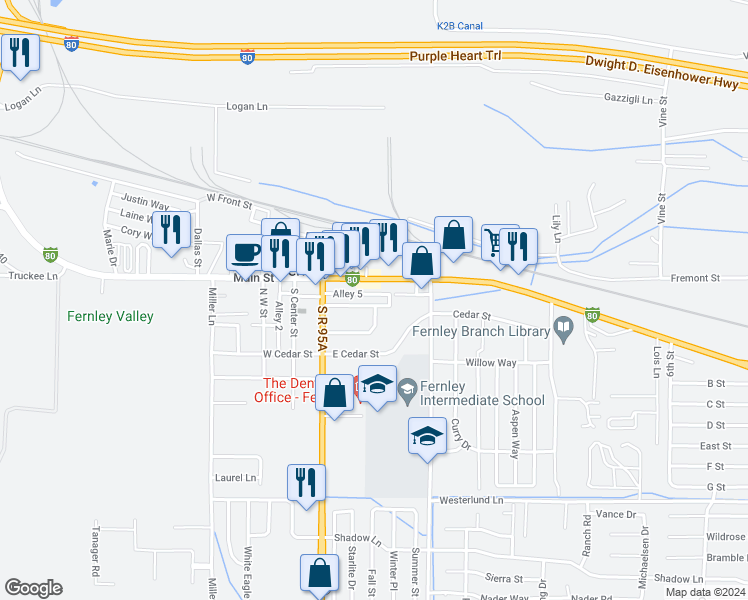 map of restaurants, bars, coffee shops, grocery stores, and more near 150 Mortensen Lane in Fernley