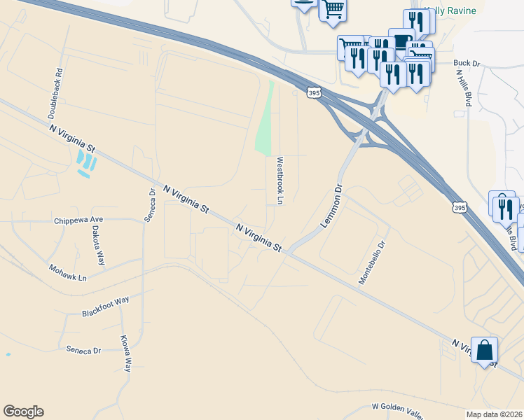 map of restaurants, bars, coffee shops, grocery stores, and more near 203 Kennedy Drive in Reno