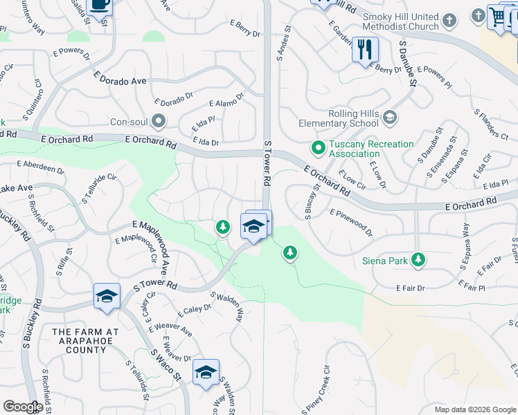 map of restaurants, bars, coffee shops, grocery stores, and more near 5982 South Zeno Court in Aurora