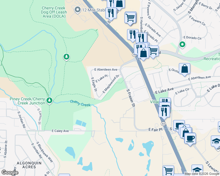 map of restaurants, bars, coffee shops, grocery stores, and more near 14982 East Maplewood Drive in Centennial