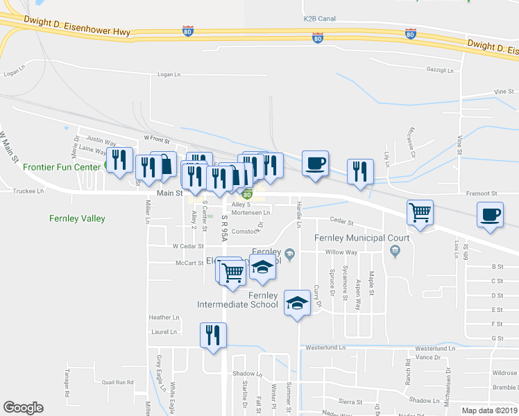 map of restaurants, bars, coffee shops, grocery stores, and more near 145 East Main Street in Fernley