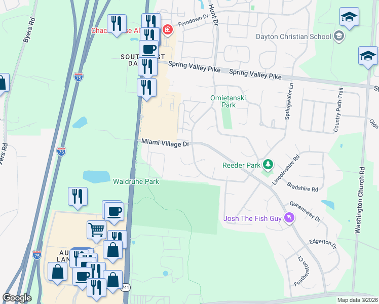 map of restaurants, bars, coffee shops, grocery stores, and more near 2746 Highland Village Lane in Miamisburg