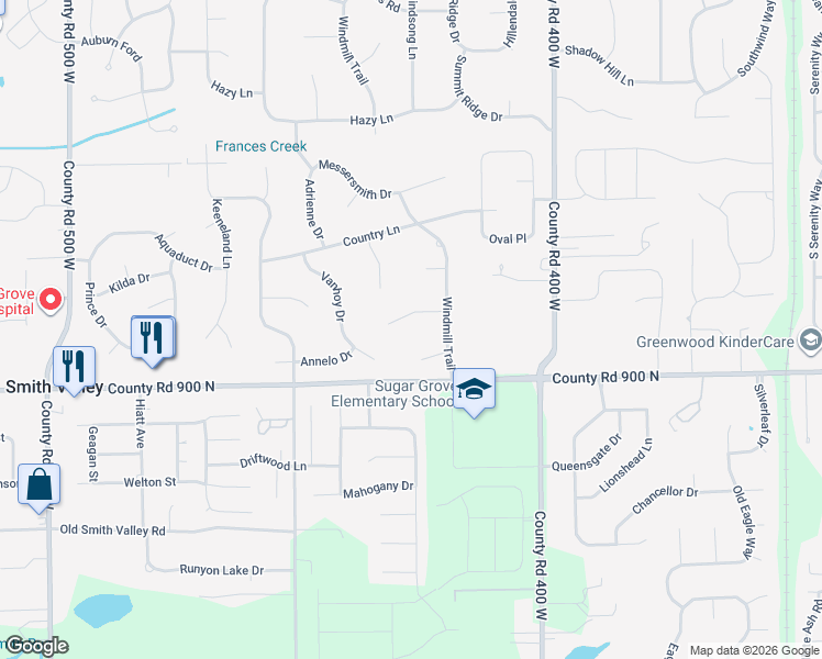 map of restaurants, bars, coffee shops, grocery stores, and more near 4139 Willow Wind Drive in Greenwood