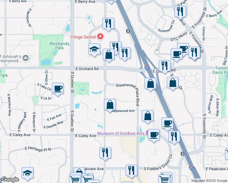 map of restaurants, bars, coffee shops, grocery stores, and more near 5970 Greenwood Plaza Boulevard in Greenwood Village