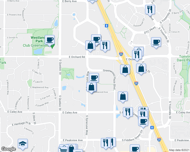map of restaurants, bars, coffee shops, grocery stores, and more near 5970 Greenwood Plaza Boulevard in Greenwood Village