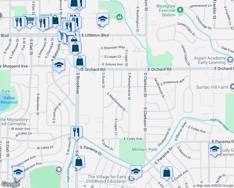 map of restaurants, bars, coffee shops, grocery stores, and more near 502 East Lake Avenue in Centennial
