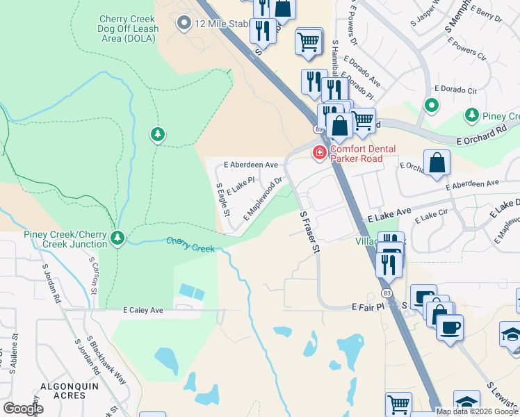 map of restaurants, bars, coffee shops, grocery stores, and more near 14982 East Maplewood Drive in Centennial