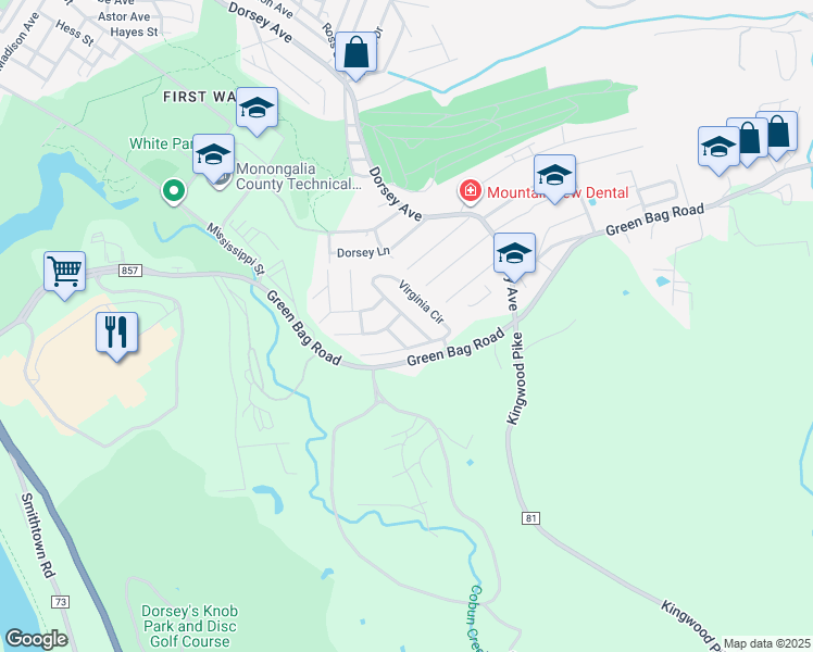 map of restaurants, bars, coffee shops, grocery stores, and more near 141 Blue Grass Village in Morgantown