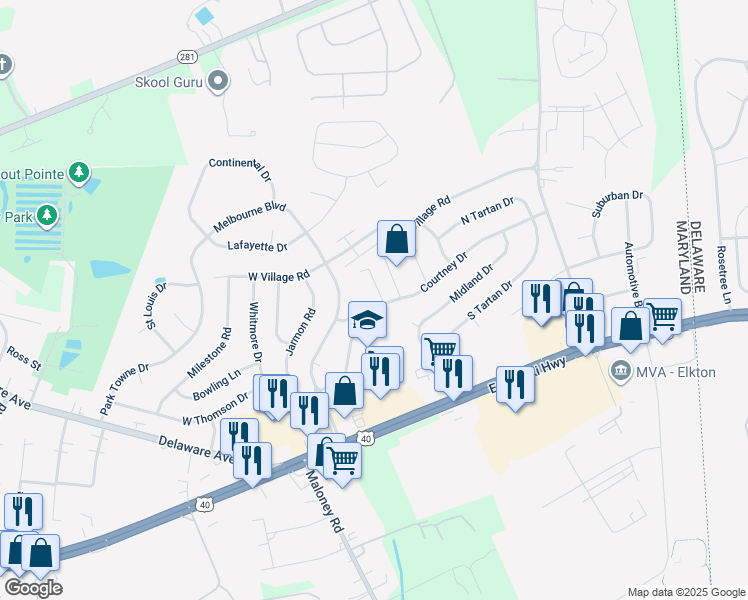 map of restaurants, bars, coffee shops, grocery stores, and more near 103 Courtney Drive in Elkton