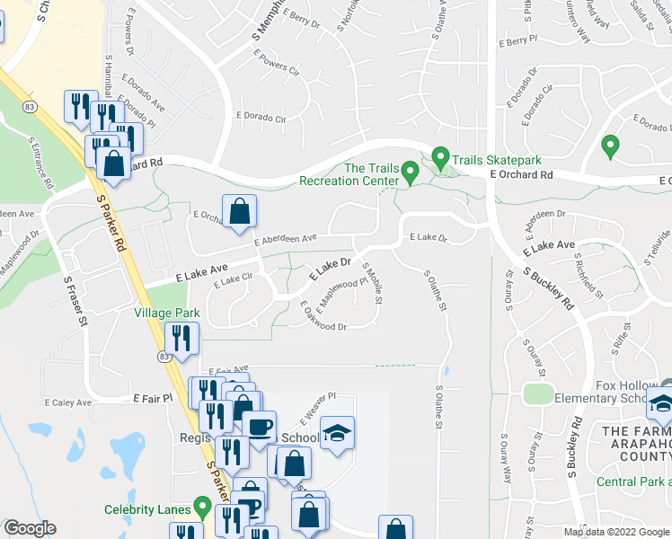 map of restaurants, bars, coffee shops, grocery stores, and more near 16284 East Lake Drive in Aurora
