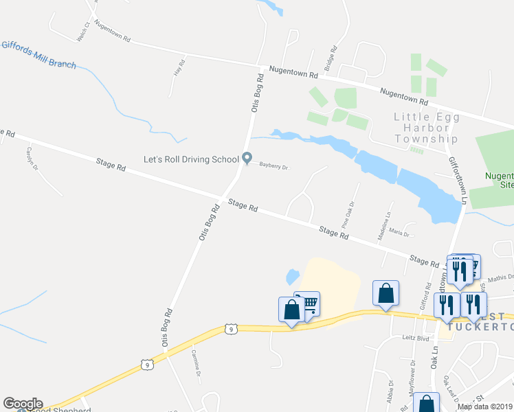 map of restaurants, bars, coffee shops, grocery stores, and more near 230 Stage Road in Tuckerton