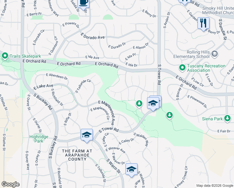 map of restaurants, bars, coffee shops, grocery stores, and more near 18051 East Lake Avenue in Aurora
