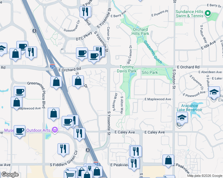 map of restaurants, bars, coffee shops, grocery stores, and more near 6004 South Akron Way in Greenwood Village