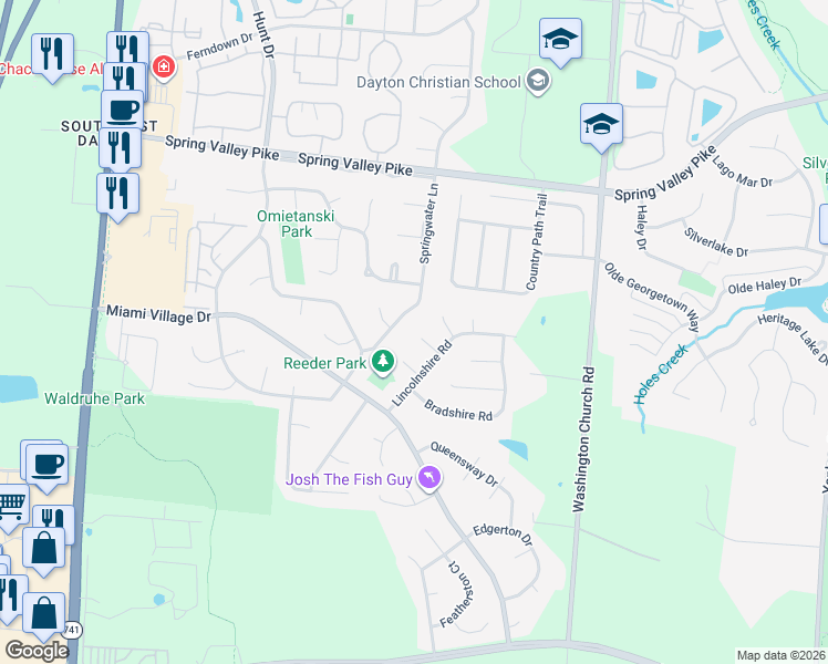 map of restaurants, bars, coffee shops, grocery stores, and more near 9684 Springwater Lane in Miamisburg